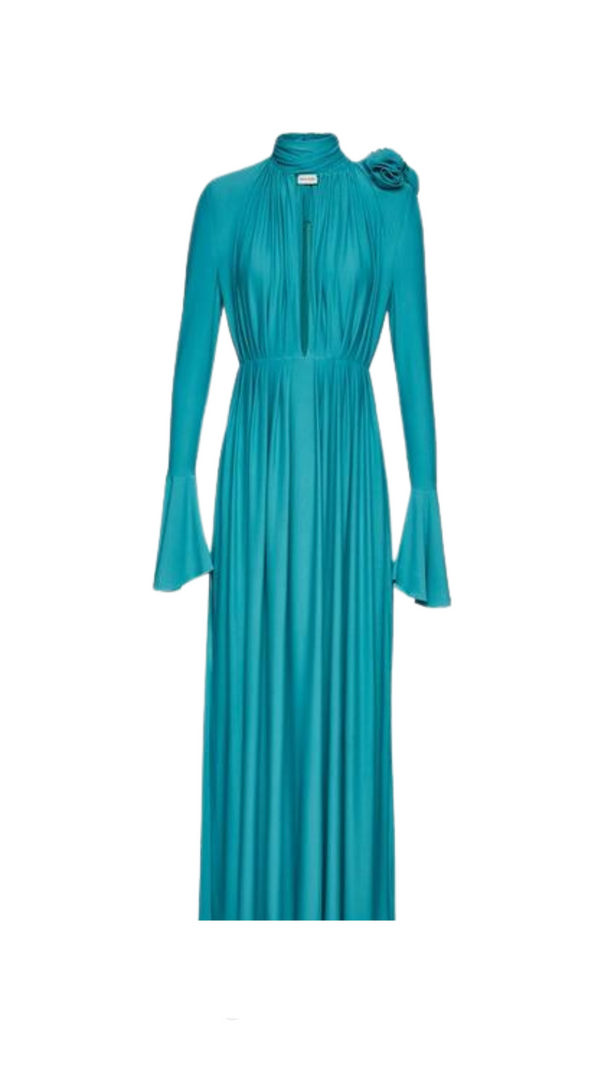 AIIZIE ERIN LANTERN SLEEVE HIGH COLLAR FLOWER SLIT MIDI DRESS IN BLUE - product image