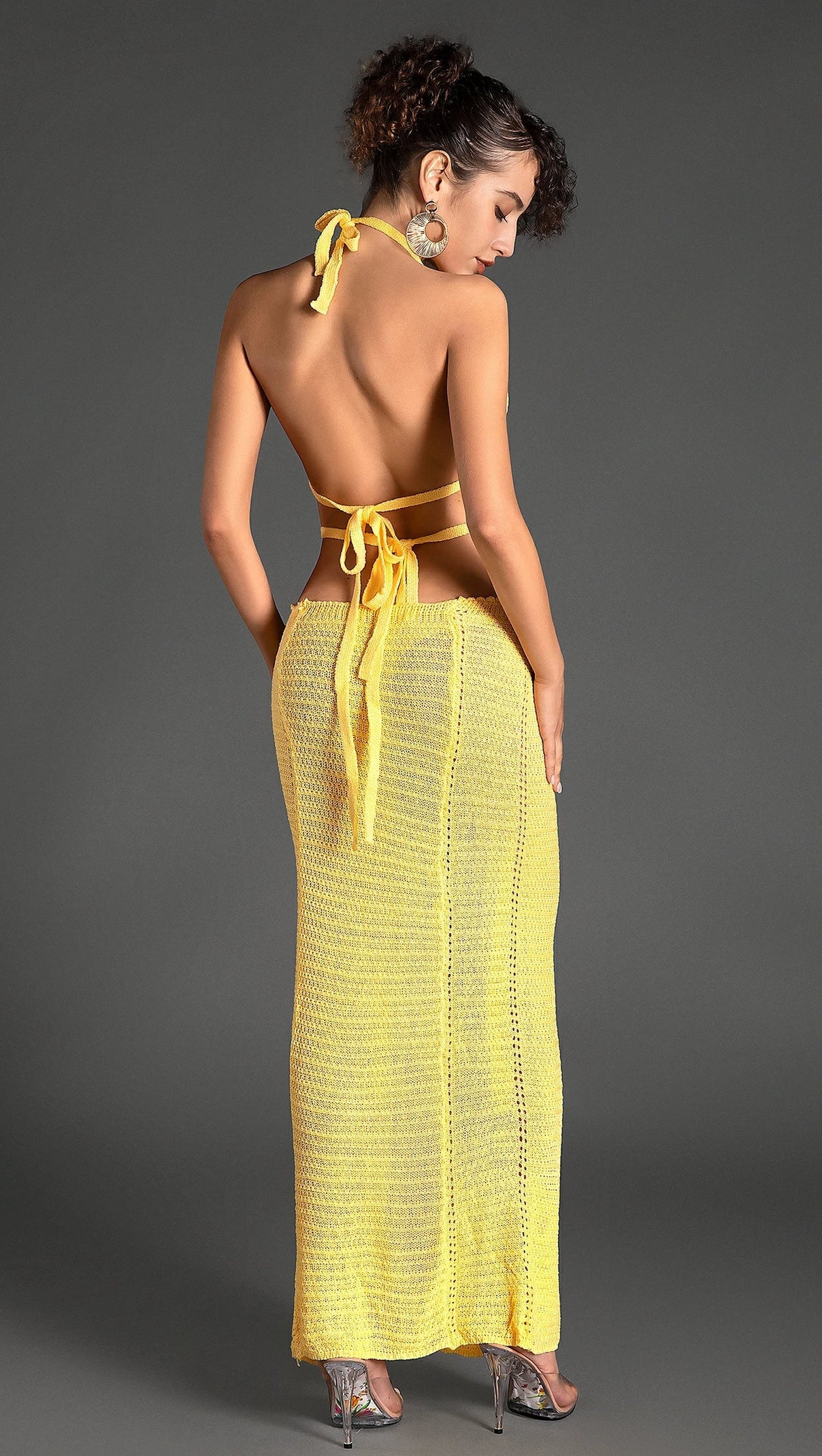 AIIZIE BIRIDI HALTER SHEER KNIT DRESS IN YELLOW - product image