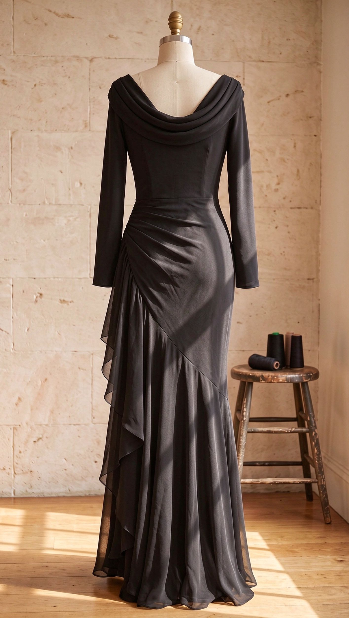Black Mermaid Evening Gown with Sheer Ruffle Detail