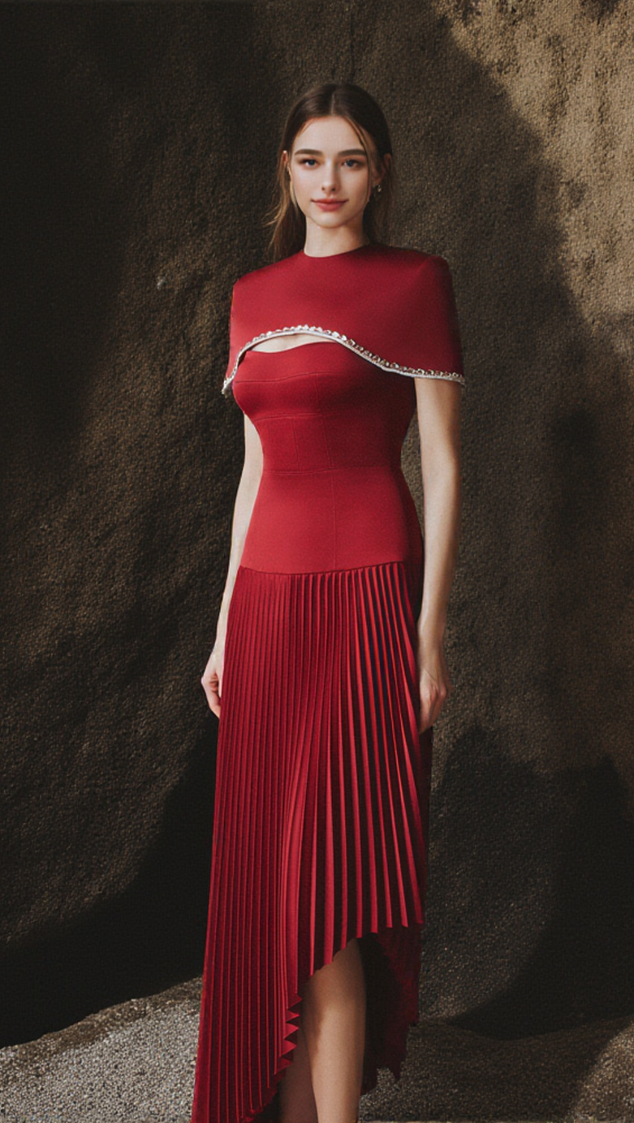 ABITO MIDI ASIMMETRICO CON PLISSETTE E SPAGHETTI IN ROSSO