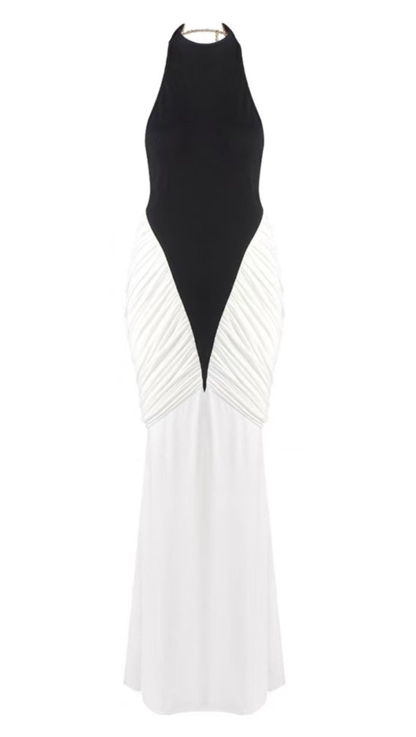AIIZIE HIGH-CONTRAST HALTER MAXI GOWN WITH SCULPTURAL RUCHING - product image