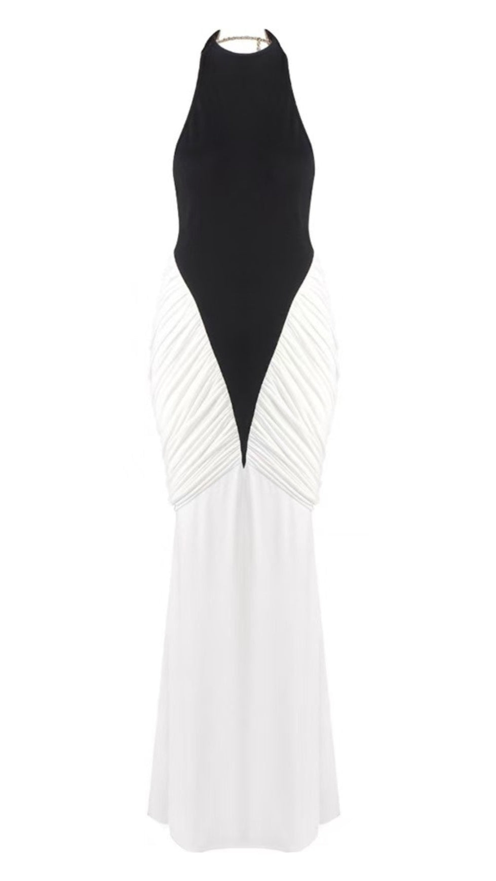 HIGH-CONTRAST HALTER MAXI GOWN WITH SCULPTURAL RUCHING