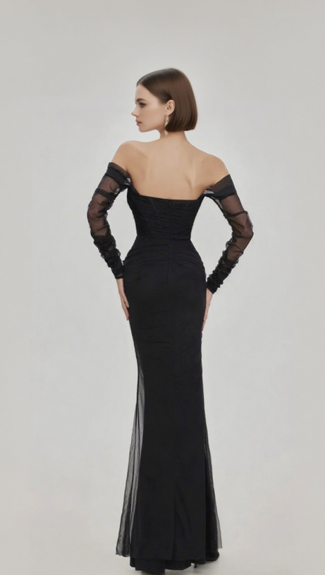 ARIEL MESH OFF-SHOULDER MERMAID MAXI DRESS IN BLACK