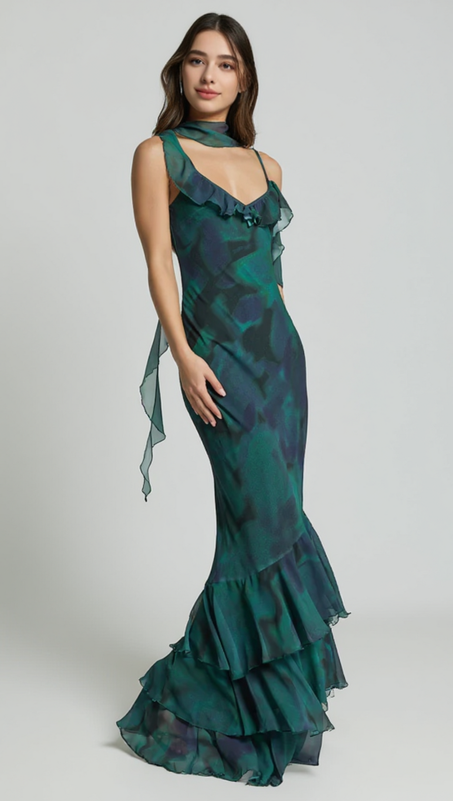 ASYMMETRIC RUFFLE DETAIL MAXI DRESS IN MOSS ADEANA