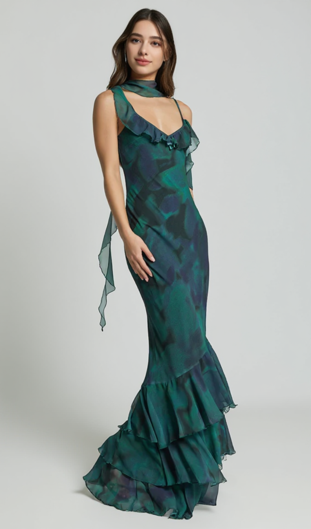 ASYMMETRIC RUFFLE DETAIL MAXI DRESS IN MOSS ADEANA