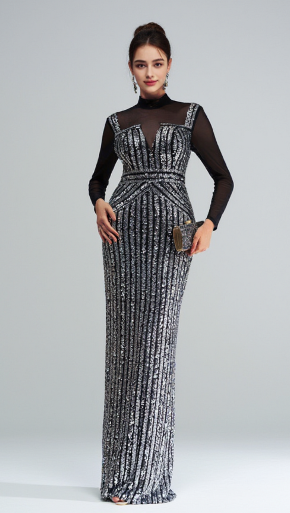 STAND COLLAR SEQUIN PANEL MAXI DRESS IN BLACK