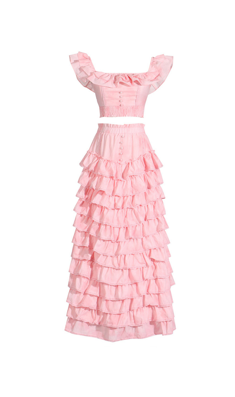 CATHY MEHRLAGIGER MAXIKLEID-ANZUG MIT RÜSCHEN IN PINK