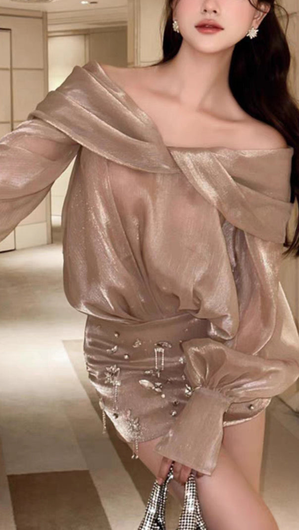 AIIZIE OFF-THE-SHOULDER PEARLESCENT SHIRT MINI DRESS - product image