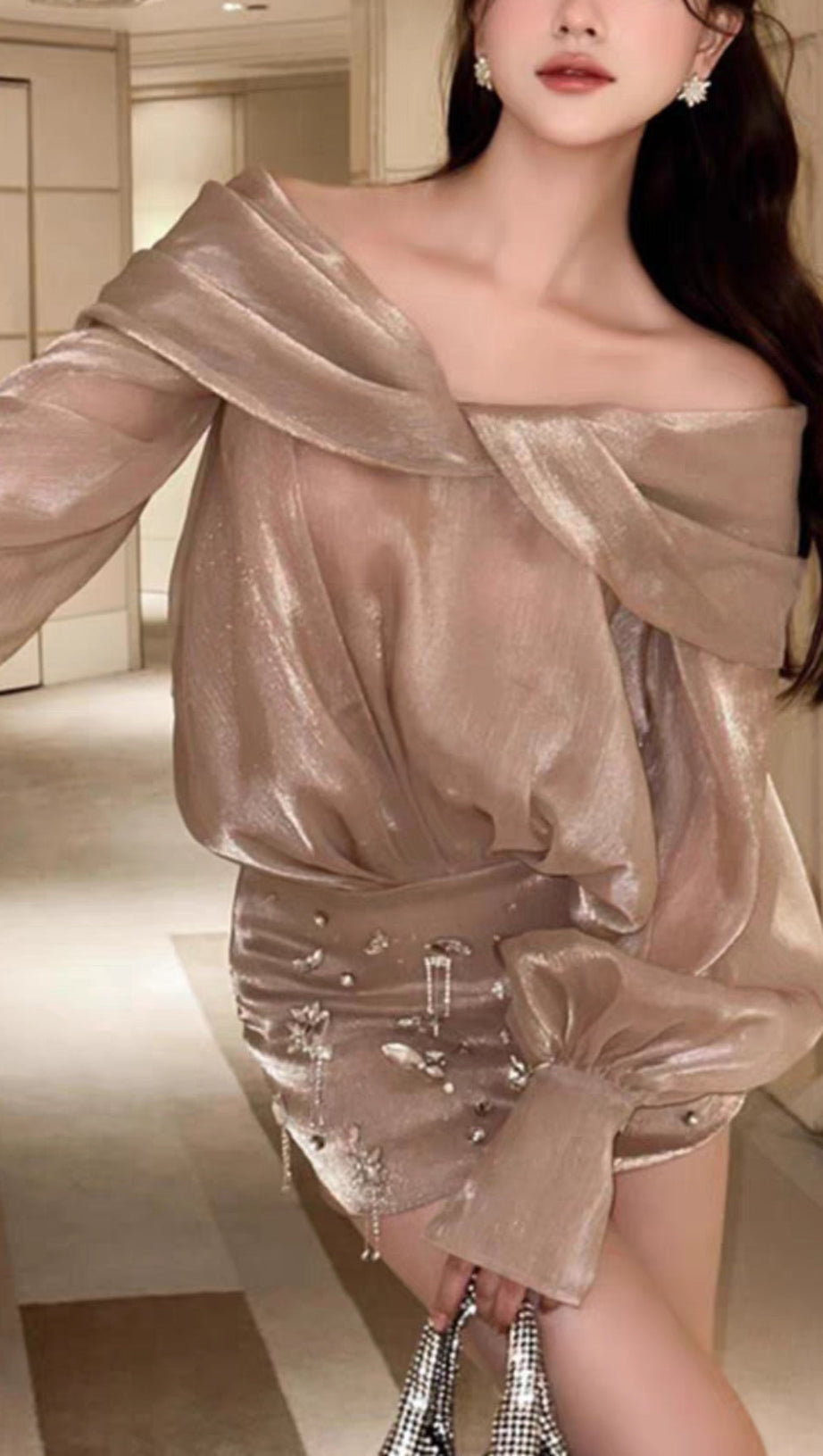 OFF-THE-SHOULDER PEARLESCENT SHIRT MINI DRESS