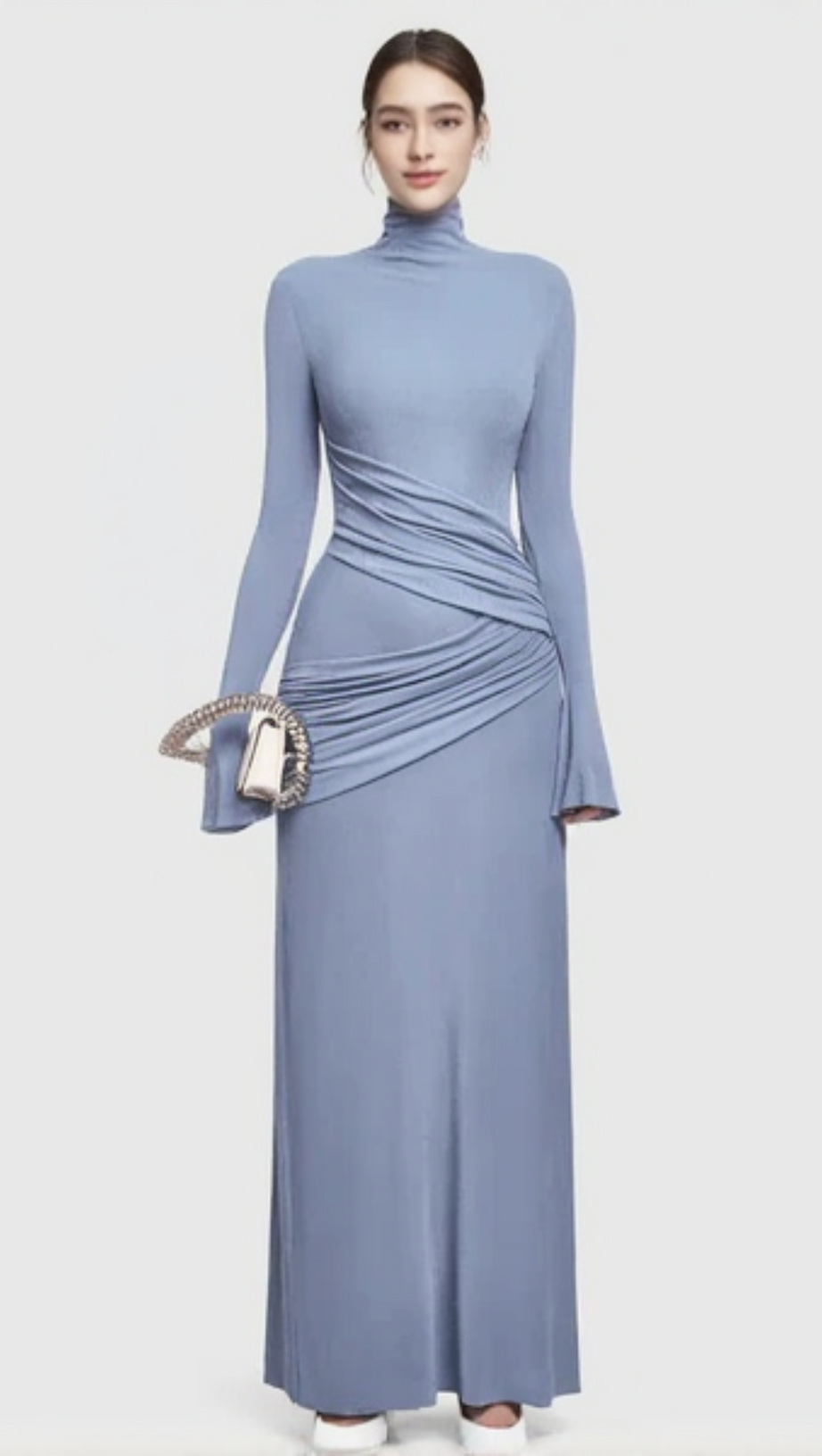 HALF TURTLENECK PLEATED BODYCON MAXI DRESS