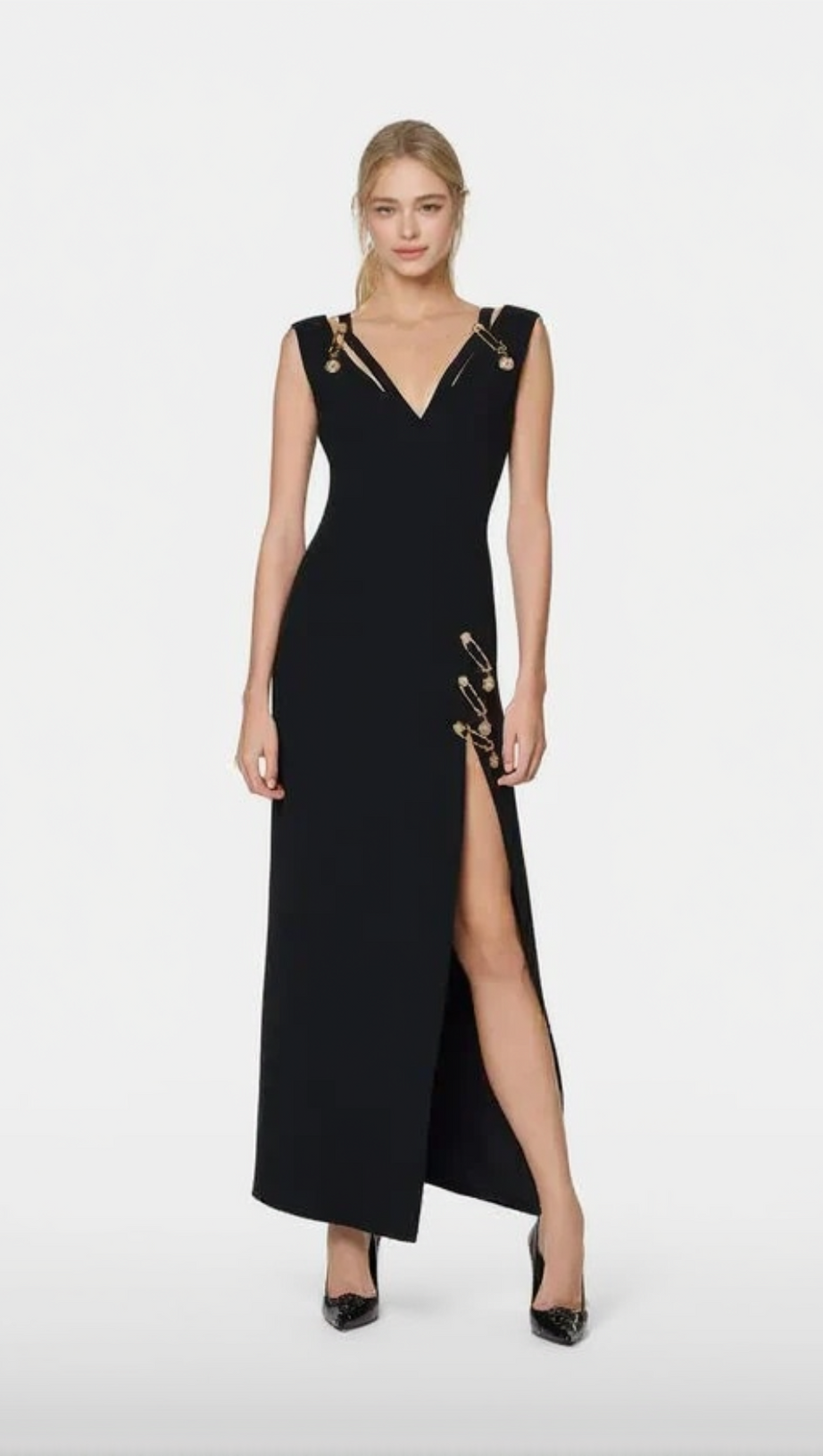 V-NECK PIN-EMBELLISHED MAXI DRESS IN BLACK