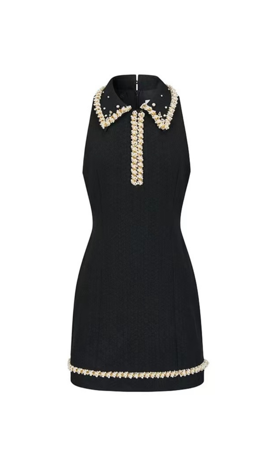 PEARL EMBELLISHED GOLD CHAIN SPLICE MINI DRESS IN BLACK