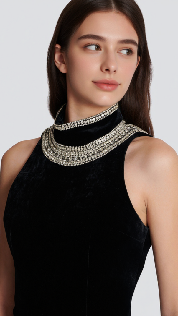 AIIZIE EMBROIDERED VELVET HALTERNECK MAXI DRESS IN BLACK - product image
