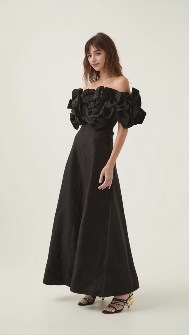 AIIZIE ETTA FLOWER STRAPLESS MIDI DRESS IN BLACK - product image