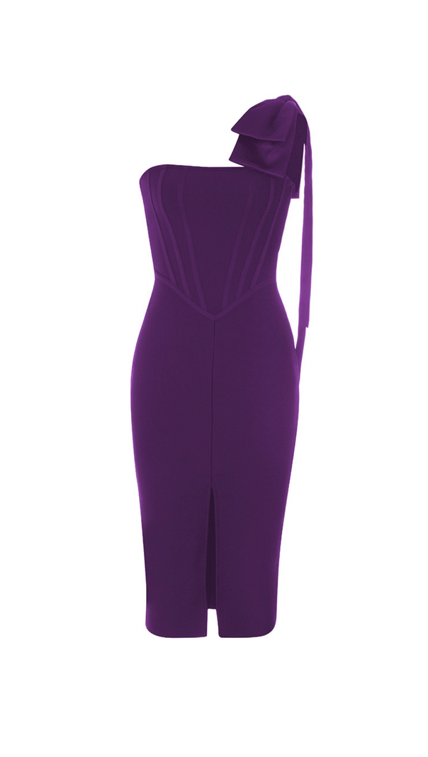 AIIZIE CALISTA PURPLE ONE BOW SHOULDER SPLIT BANDAGE MIDI DRESS - product image