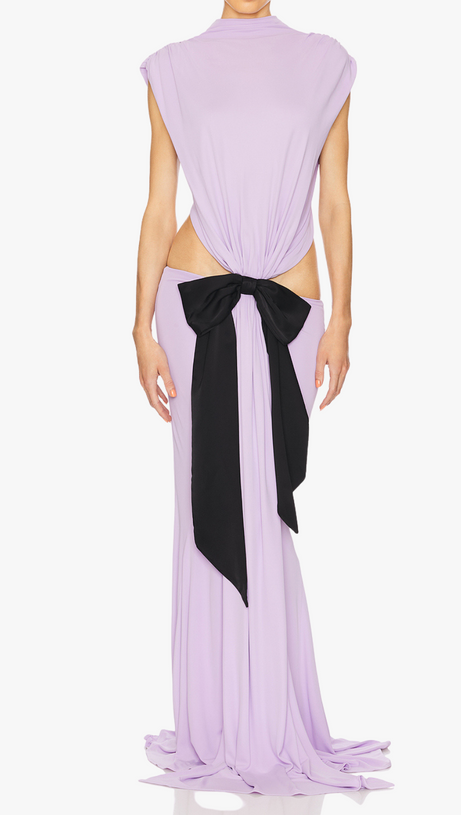 BERNICE BOW PATCH CUT BACKLESS MAXI DRESS IN PURPLE