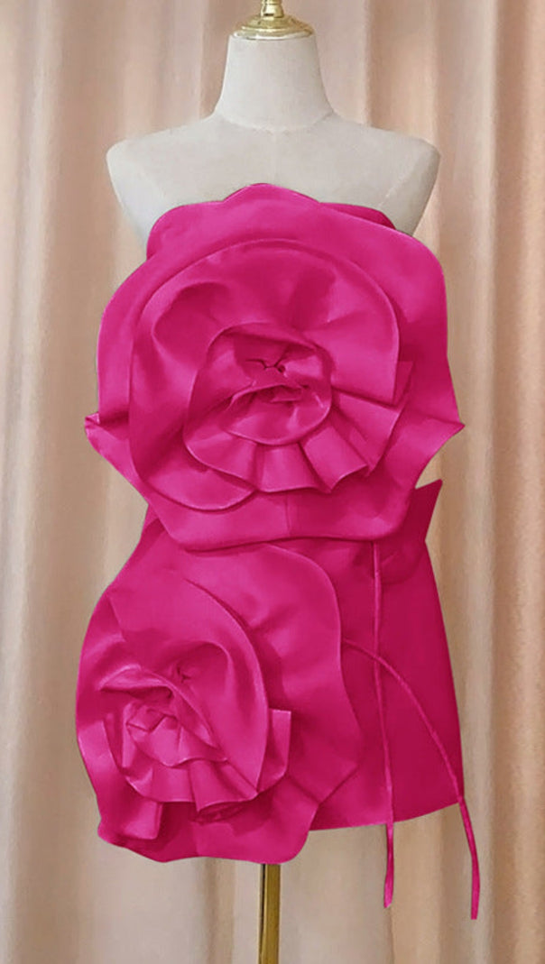 AIIZIE STRAPLESS FLOWER MINI DRESS IN HOT PINK - product image