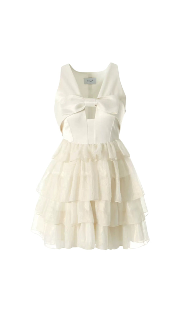 AIIZIE BEIGE BOW TIERED MINI DRESS - product image