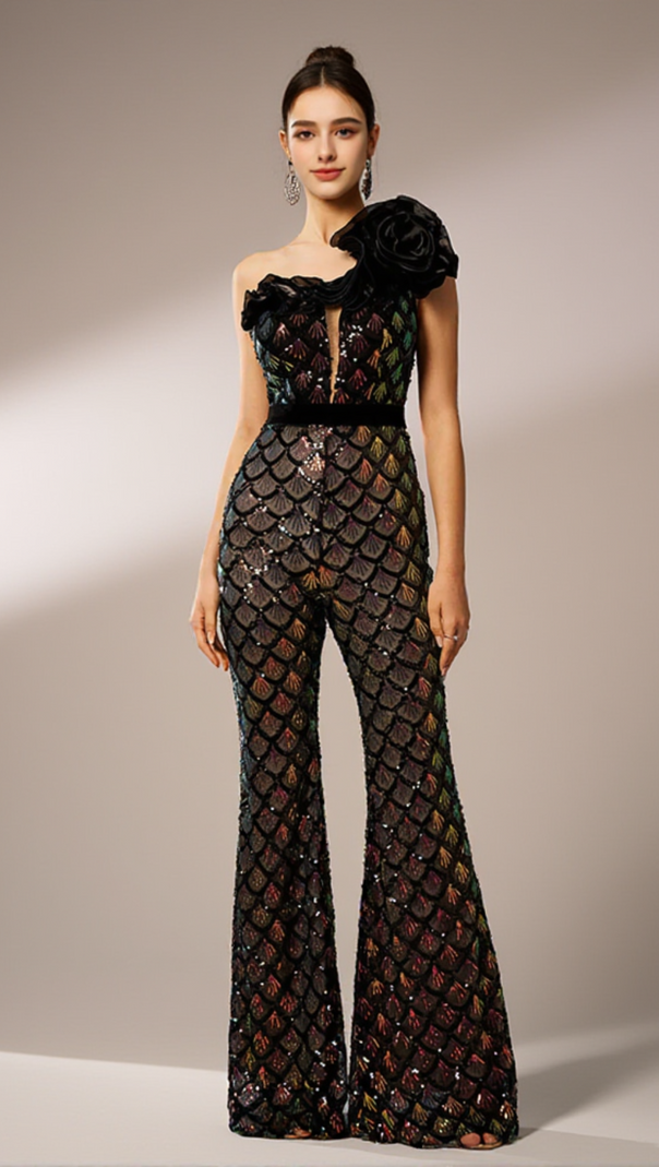AIIZIE MERMAID SCALE FLORAL ONE-SHOULDER SEQUIN JUMPSUIT - product image