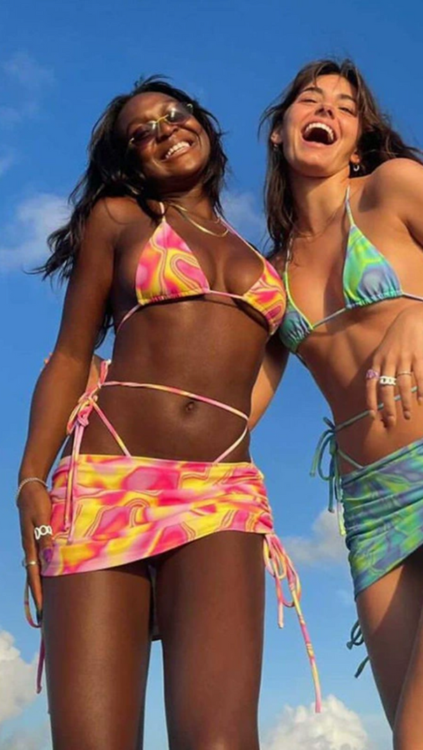 AIIZIE PRINTED BIKINI TOP SKIRT TWO PIECE SET IN PINK YELLOW - product image
