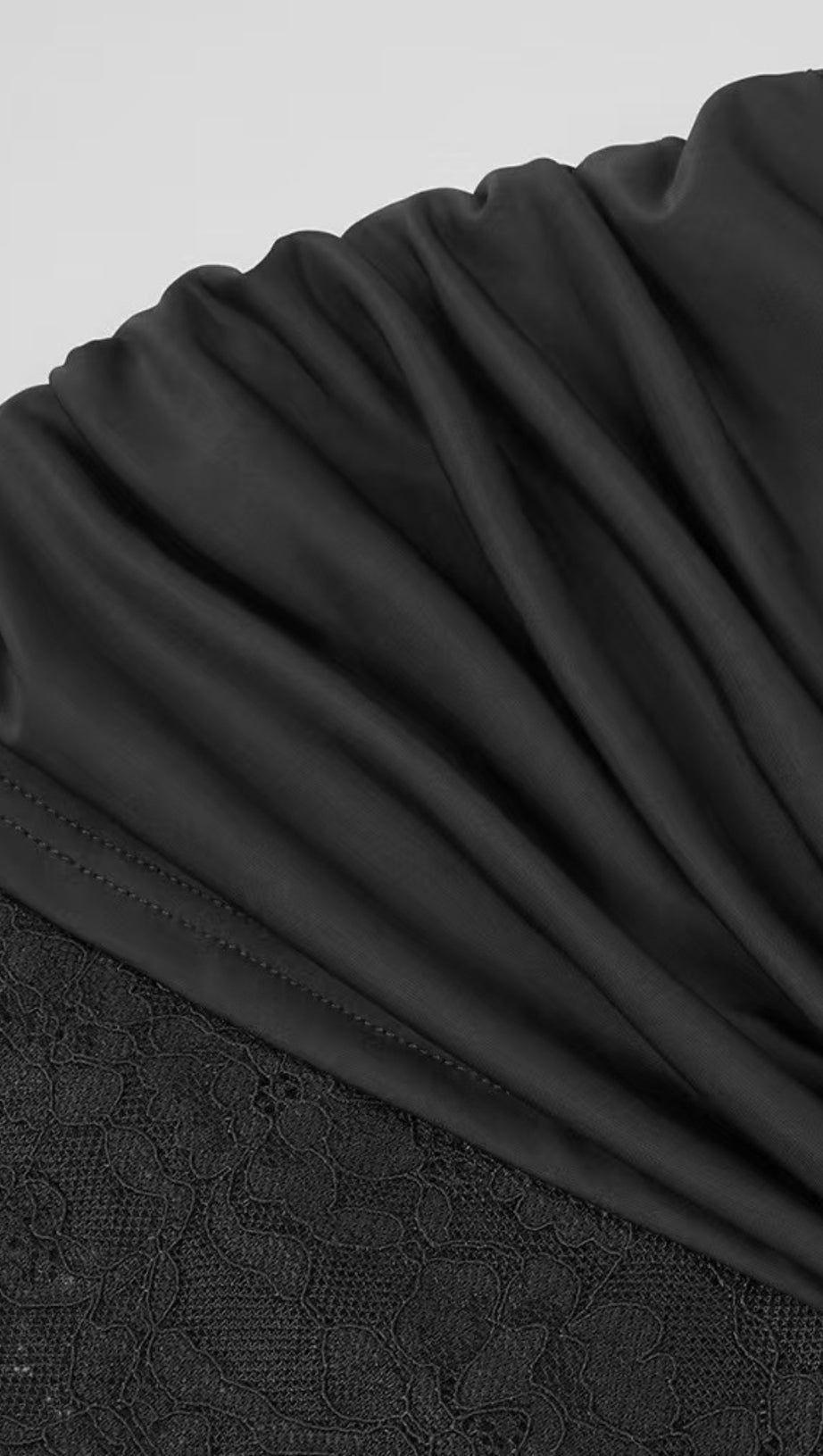 SULTRY BLACK LACE CHEONGSAM GOWN WITH RUCHED WAIST AND MANDARIN COLLAR