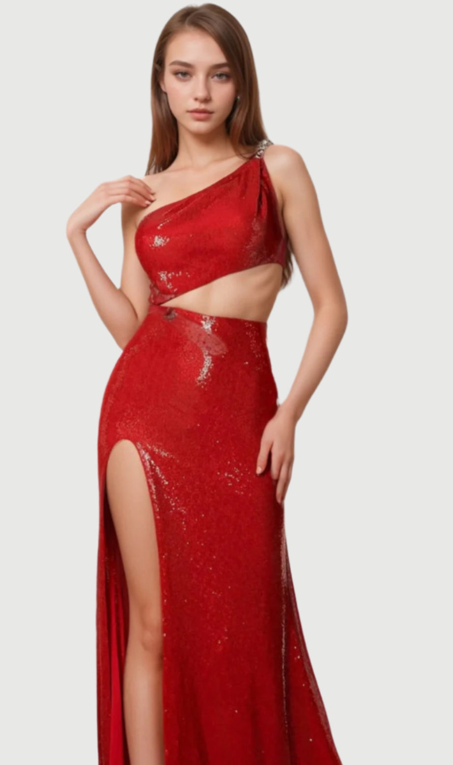 althea Manidis One-Shoulder Sequin Glitter High Slit Mermaid Dress