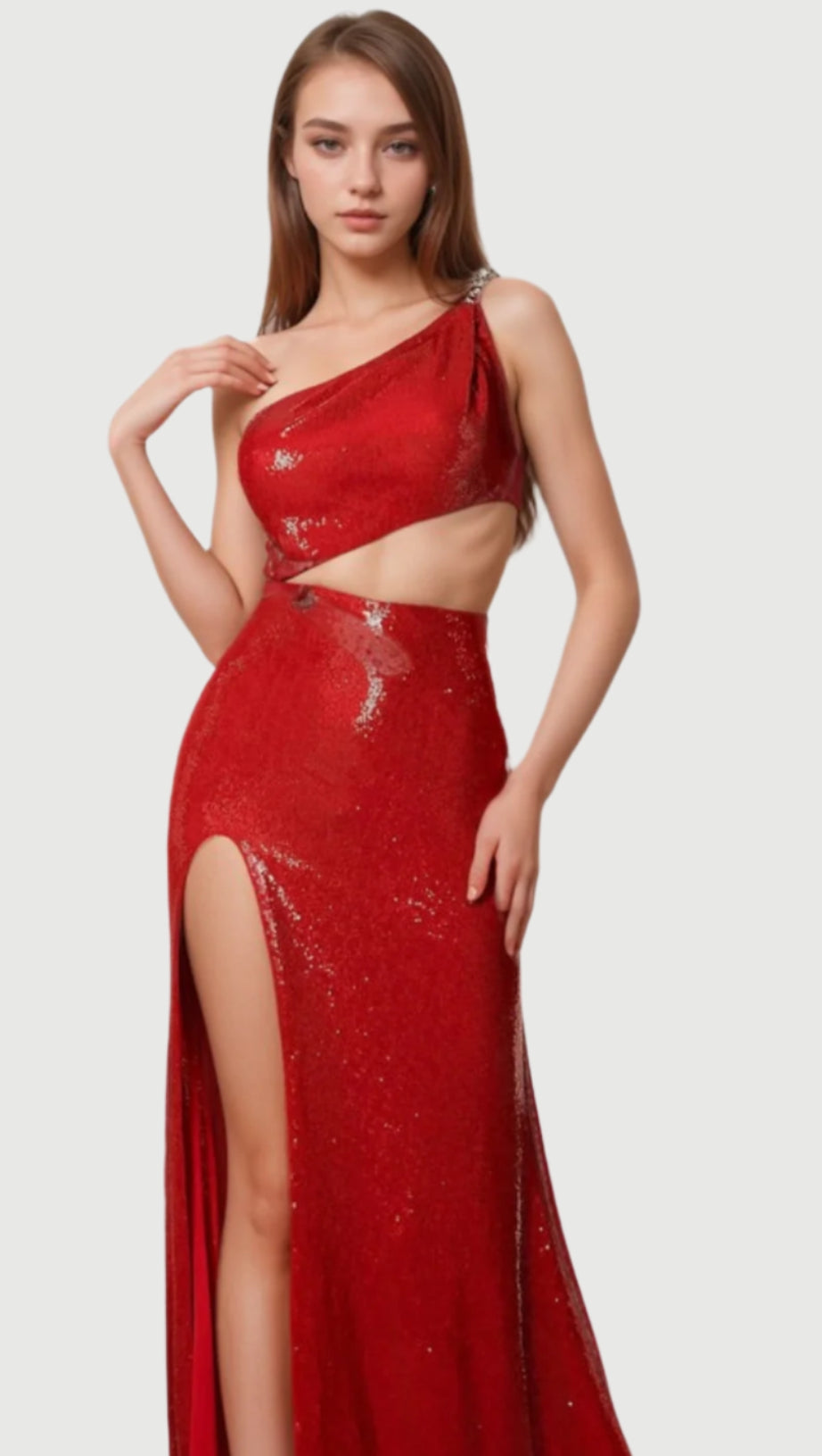 ALTHEA MANIDIS ONE-SHOULDER SEQUIN GLITTER HIGH SLIT MERMAID DRESS