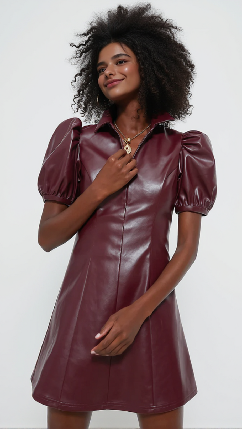 BURGUNDY FRONT ZIP FAUX LEATHER MINI DRESS