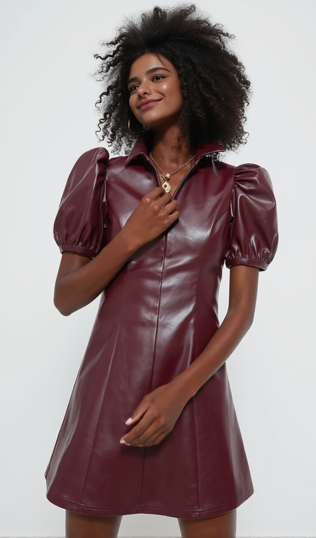 BURGUNDY FRONT ZIP FAUX LEATHER MINI DRESS