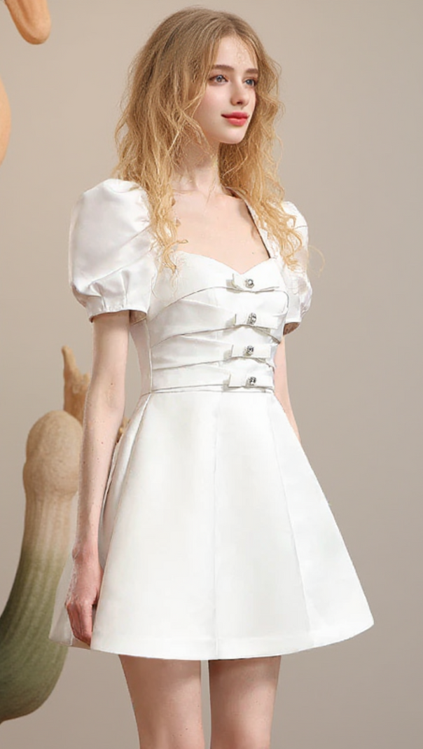 AIIZIE RIBBON PUFF-SLEEVE PRINCESS A-LINE DERSS IN WHITE - product image