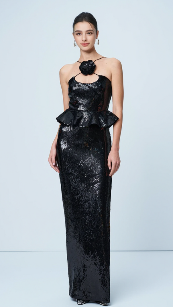 AIIZIE PEPLUM WAIST SEQUIN MAXI DRESS IN BLACK - product image
