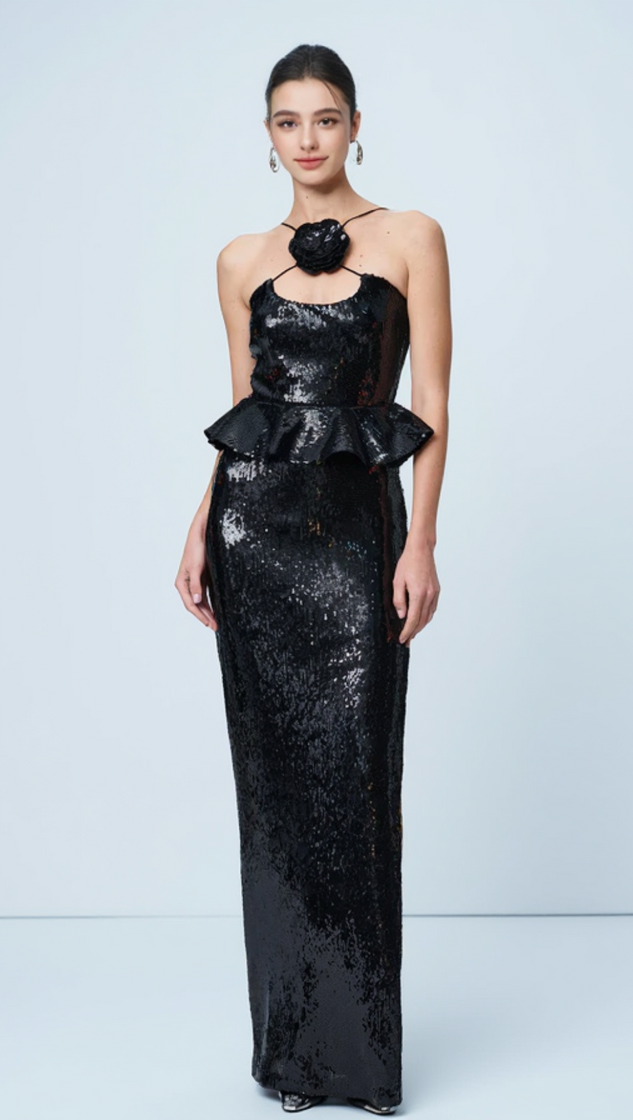 PEPLUM WAIST SEQUIN MAXI DRESS IN BLACK