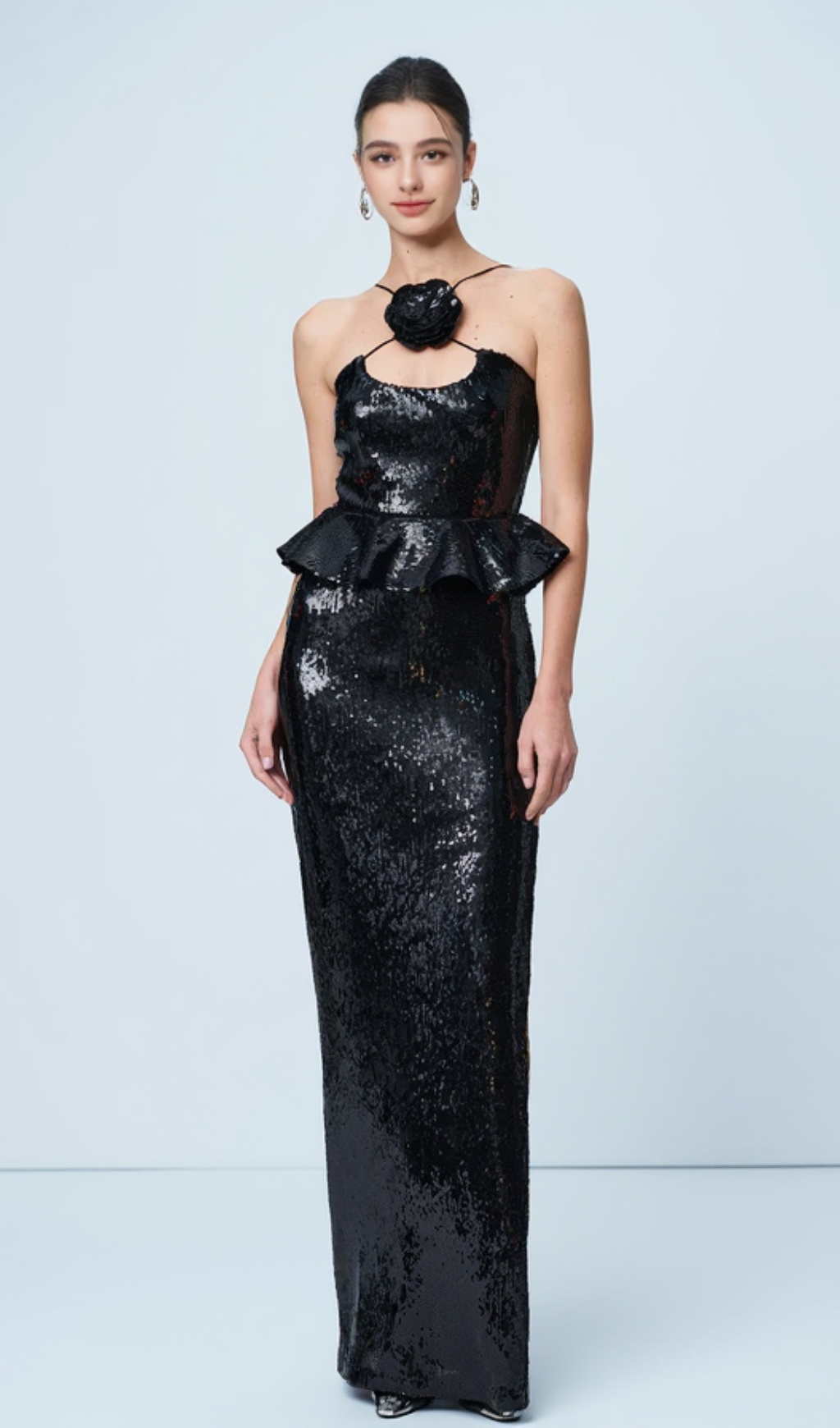 PEPLUM WAIST SEQUIN MAXI DRESS IN BLACK