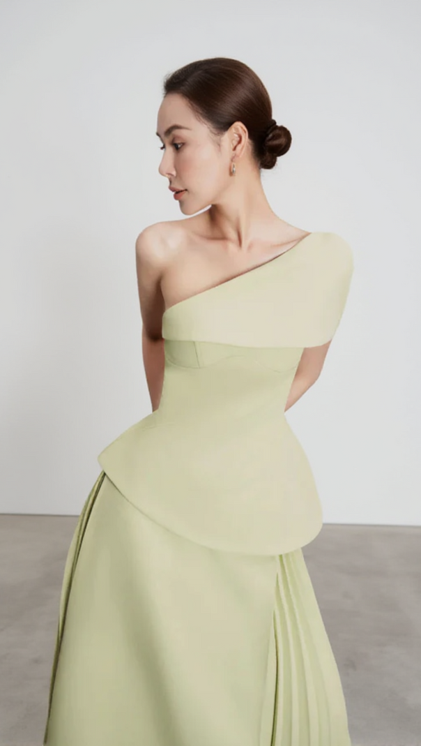 AIIZIE ONE SHOULDER TOP FLARE MIDI SKIRT SUIT IN OLIVE GREEN - product image