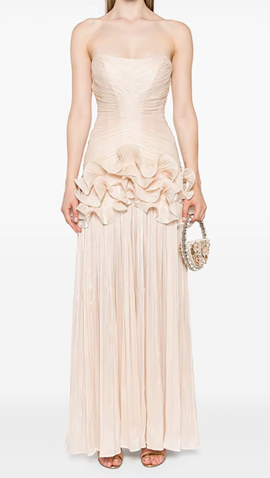 RUFFLE-EMBELLISHED PLEATED MAXI DRESS IN APRICOT