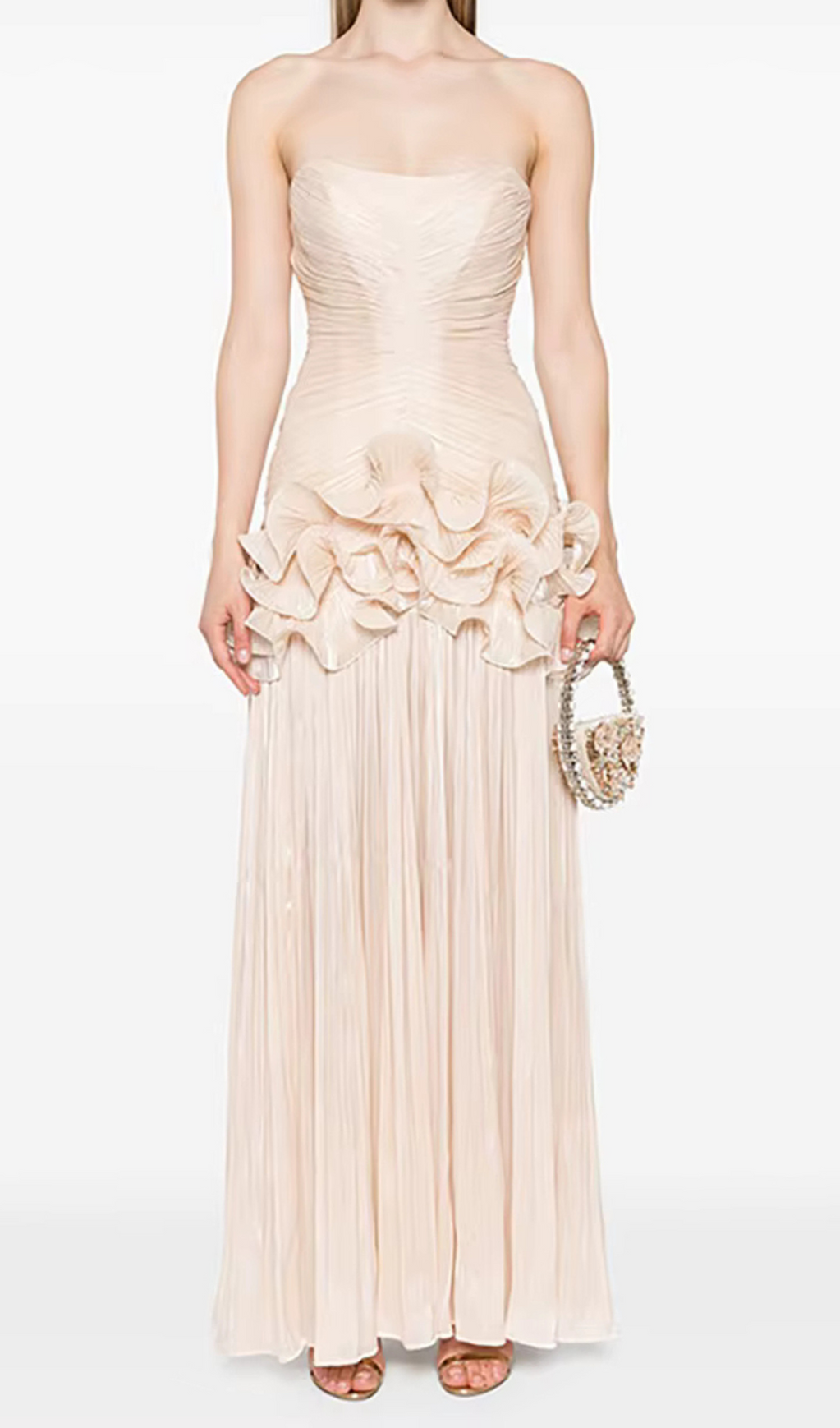 RUFFLE-EMBELLISHED PLEATED MAXI DRESS IN APRICOT