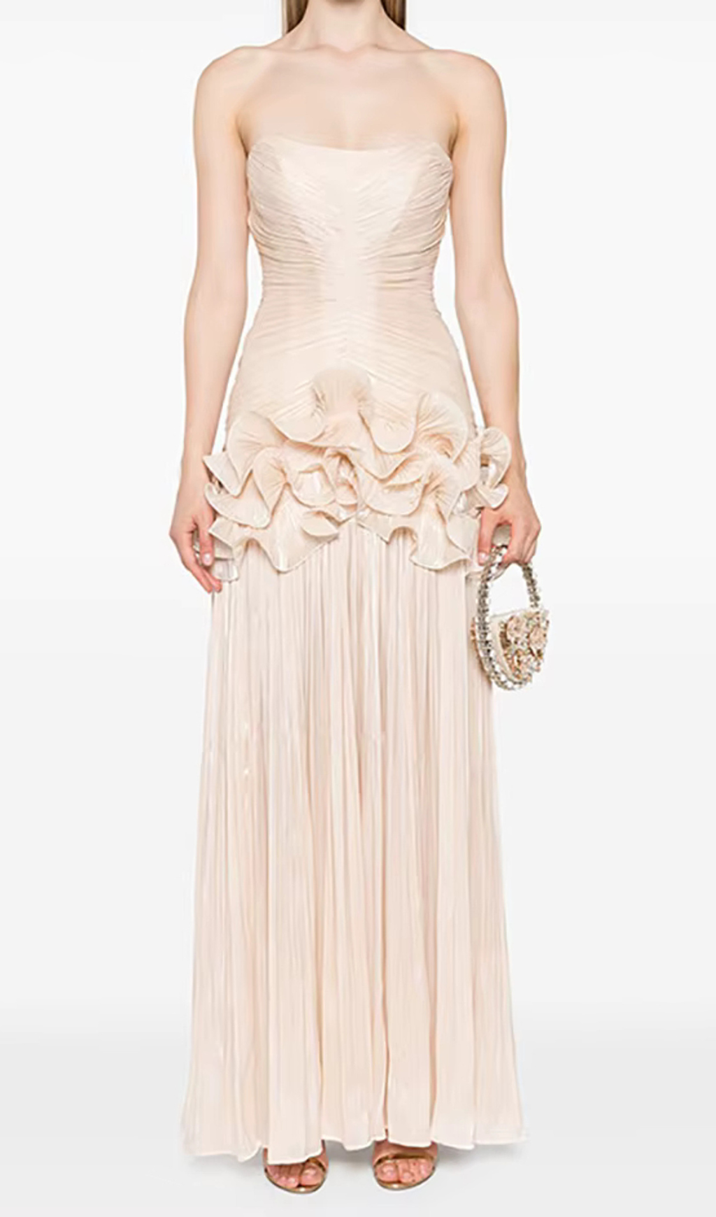 RUFFLE-EMBELLISHED PLEATED MAXI DRESS IN APRICOT