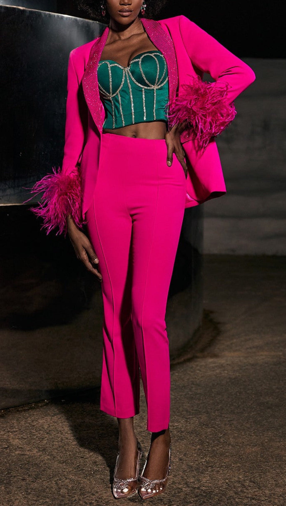 RHINESTONE FEATHER BLAZER IN PINK