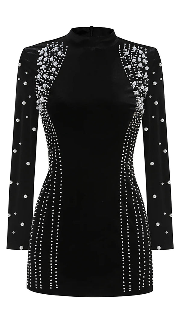 AIIZIE AGNES MOCK LONG SLEEVE PEARL VELVET MINI DRESS IN BLACK - product image