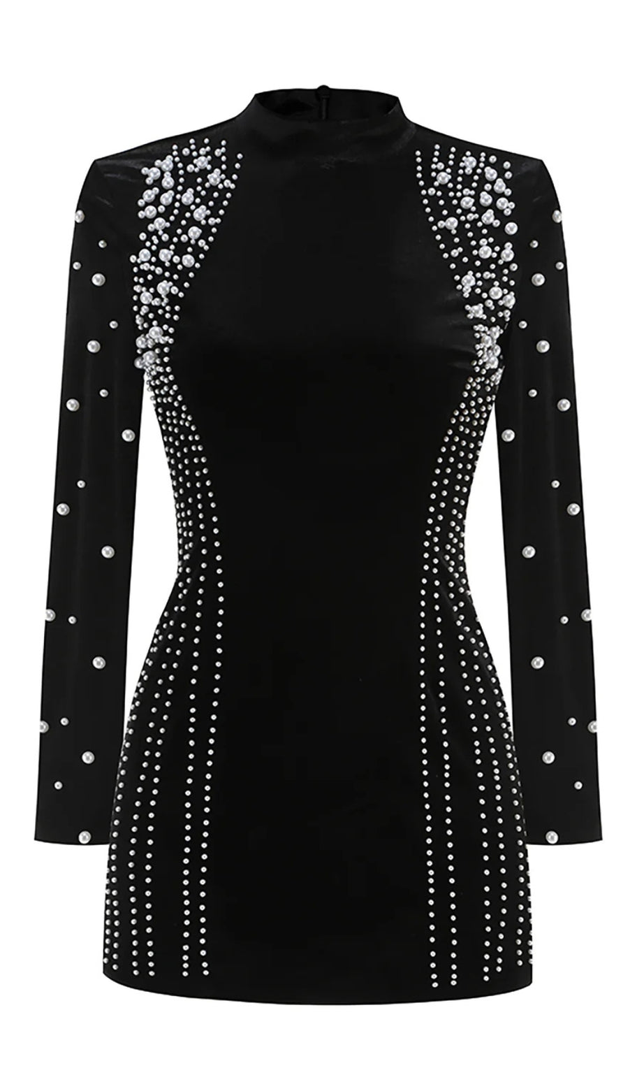 Agnes Mock Long Sleeve Pearl Velvet Mini Dress in nero