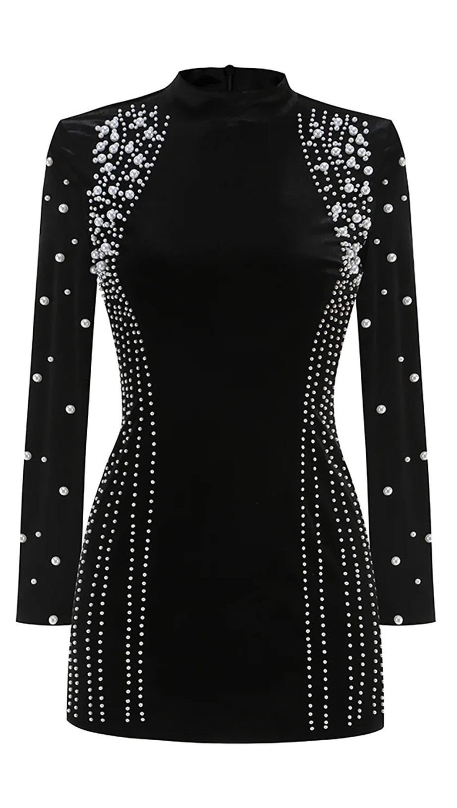 AGNES MOCK LONG SLEEVE PEARL VELVET MINI DRESS IN BLACK