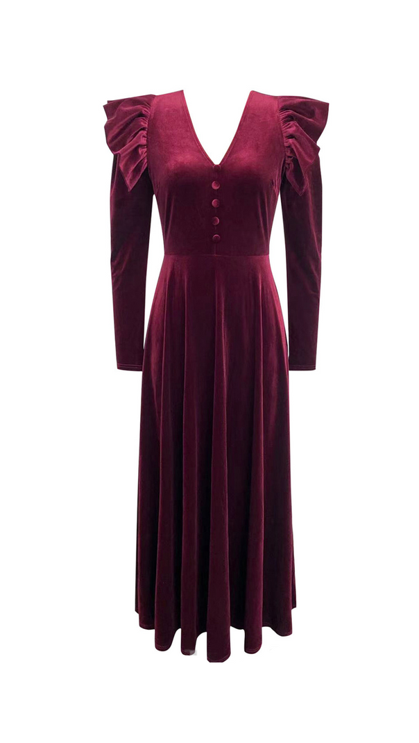 AIIZIE IRMA BURGUNDY V-NECK RUFFLE TRIM EMBELLISHED VELVET MAXI DRESS - product image