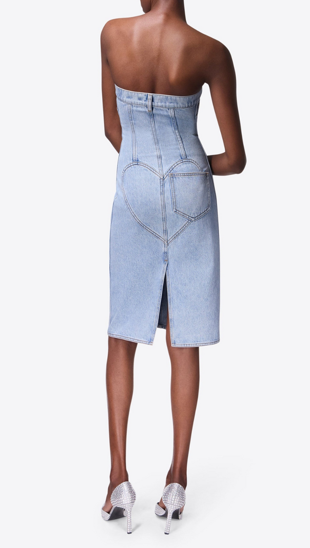 AIIZIE FLOWER CORSAGE STRAPLESS MIDI DRESS IN LIGHT WASH BLUE - product image
