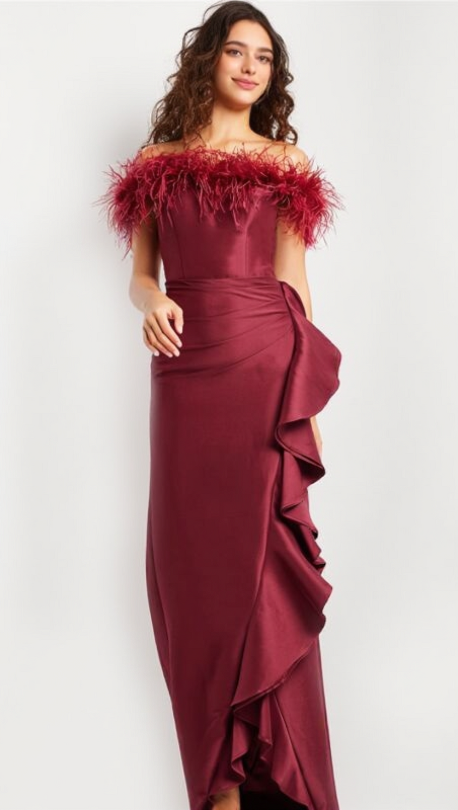 DRAPED SHEATH FEATHER DETAIL MAXI DRESS IN RED