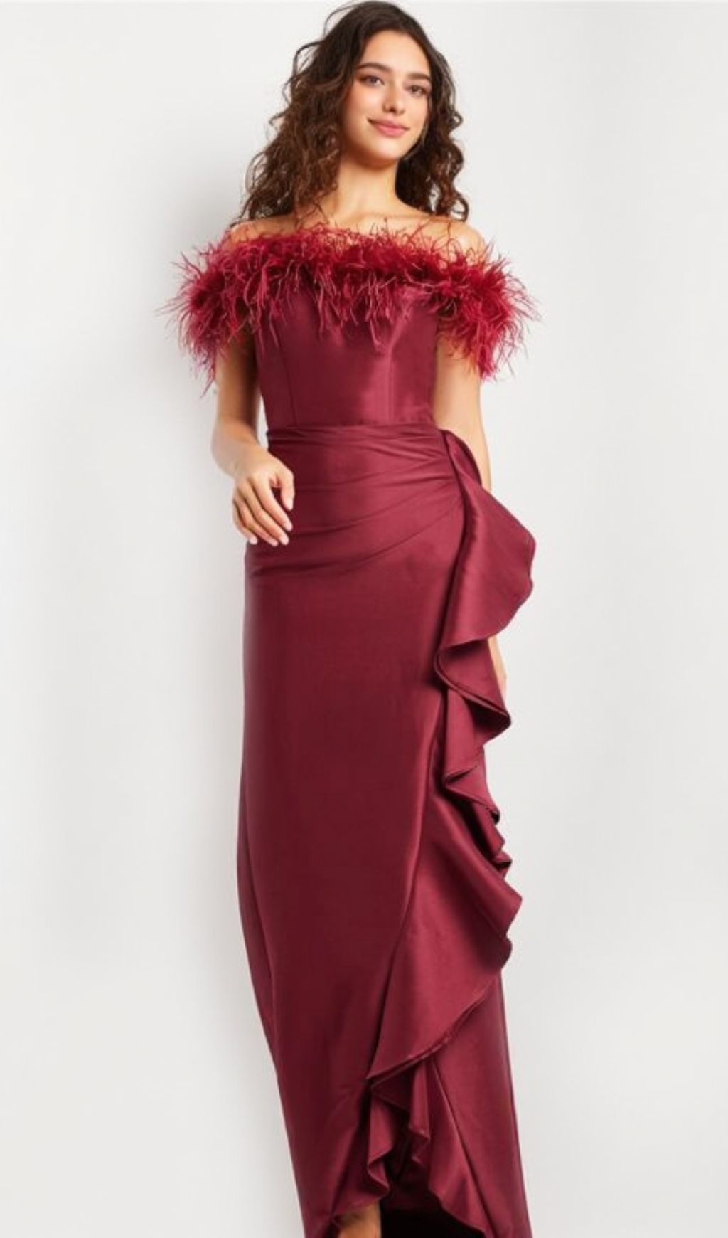 DRAPED SHEATH FEATHER DETAIL MAXI DRESS IN RED