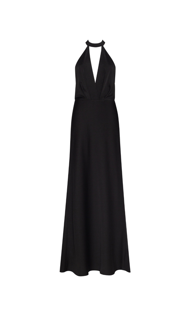 AIIZIE RACHEL BLACK HALTERNECK SATIN BACK CUTOUT MAXI DRESS - product image