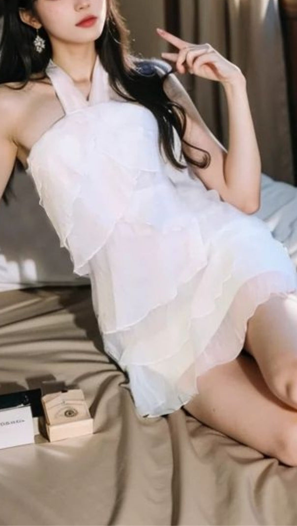 AIIZIE HALTER NECK CHIFFON MINI DRESS IN WHITE - product image