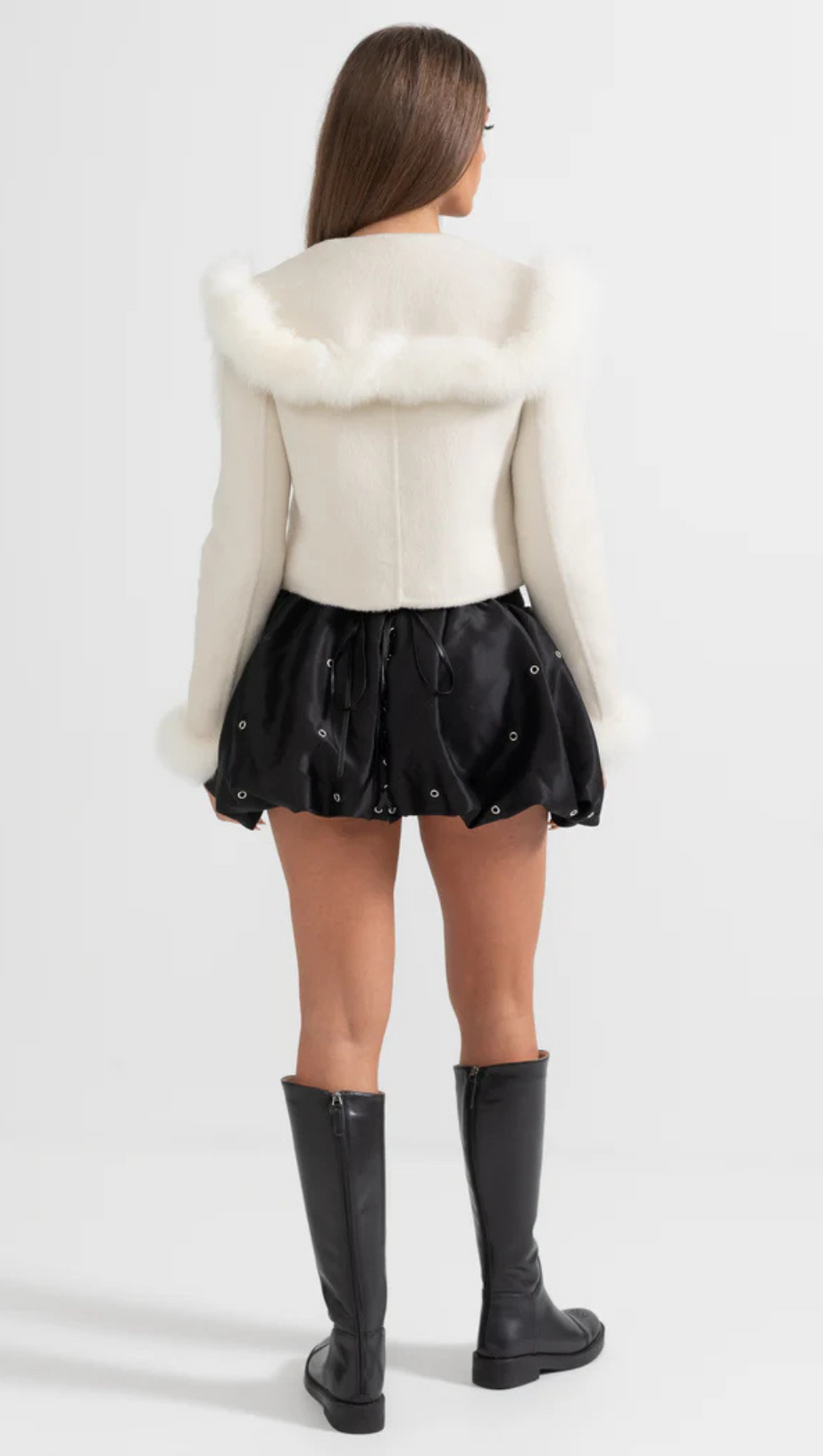 DOUBLE BREASTED CROPPED JACKET WITH FUR COLLAR EMBELLISHMENT - WHITE