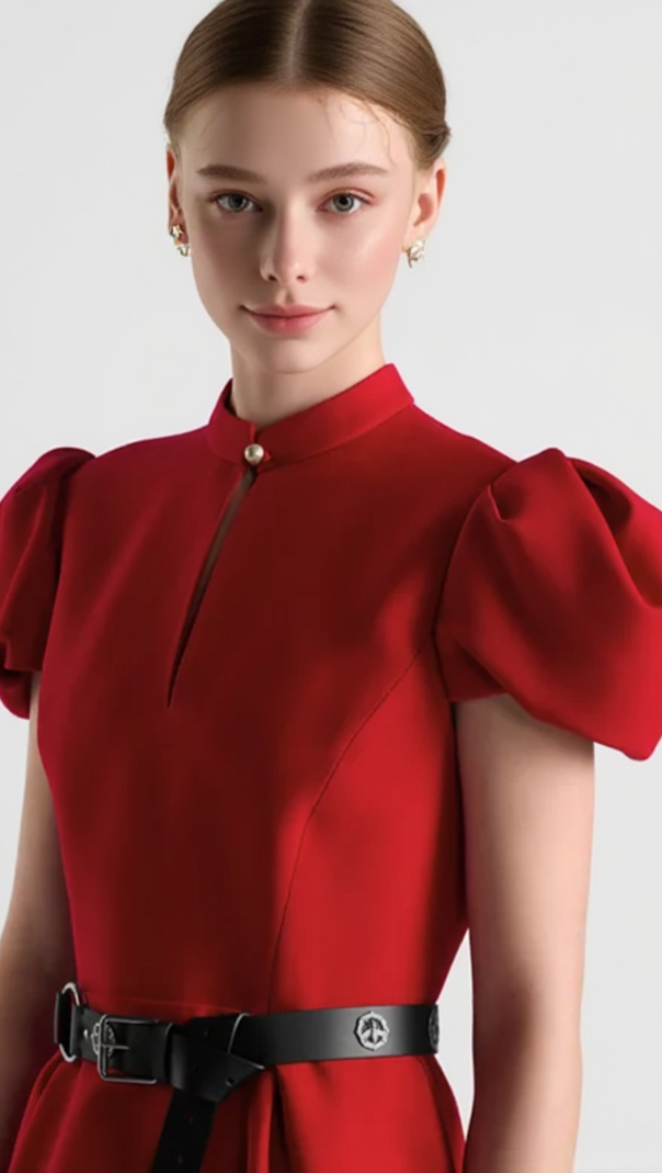 AIIZIE PUFF SLEEVE PLEATED MINI DRESS IN RED (WITHOUT BLACK BELT) - product image