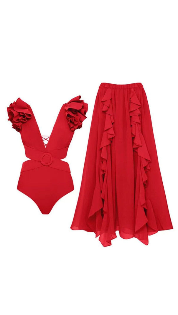 COSTUME DA BAGNO INTERO CON TAGLIO A V PROFONDO E GONNA ROSSA